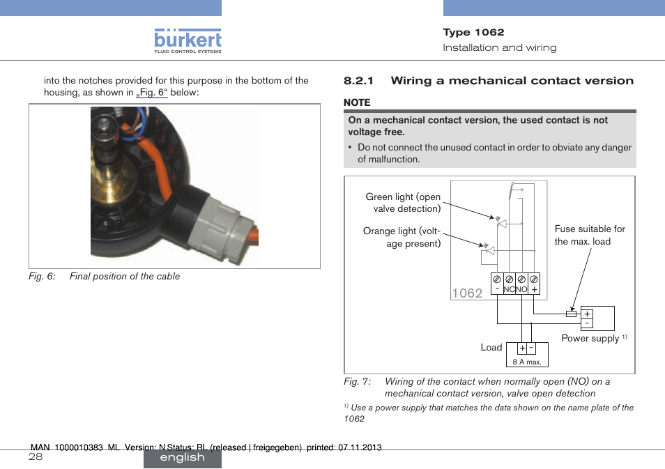 Wiring a mechanical contact version | Burkert Type 1062 User Manual | Page 28 / 112