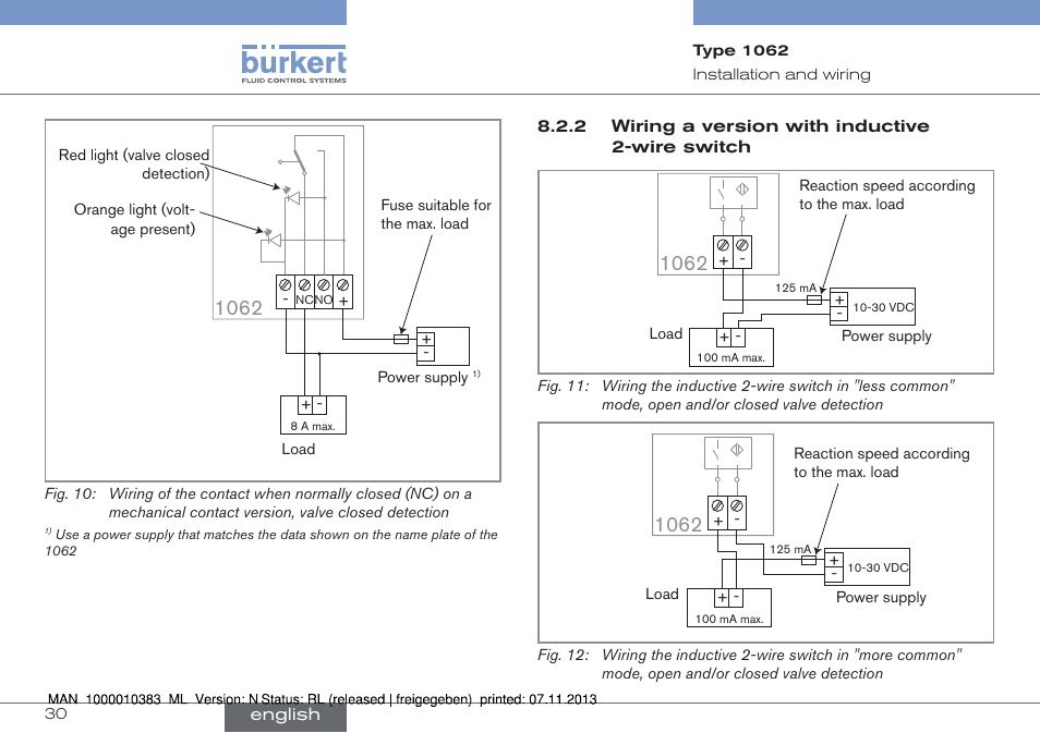 Wiring a version with inductive 2-wire switch | Burkert Type 1062 User Manual | Page 30 / 112