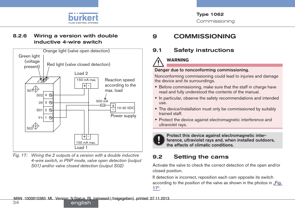 Commissioning, Safety instructions, Setting the cams | 9commissioning | Burkert Type 1062 User Manual | Page 34 / 112