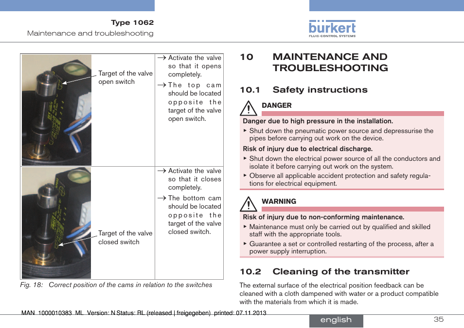 Maintenance and troubleshooting, 10 maintenance and troubleshooting | Burkert Type 1062 User Manual | Page 35 / 112