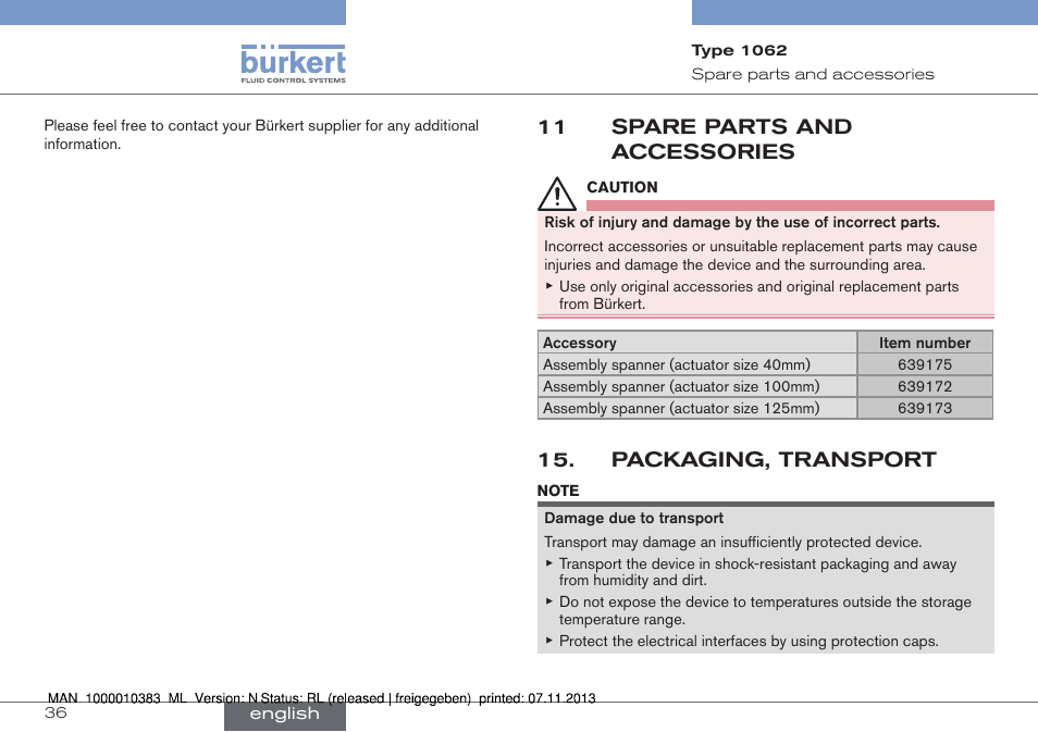 Spare parts and accessories, Packaging, transport, 11 spare parts and accessories | Burkert Type 1062 User Manual | Page 36 / 112