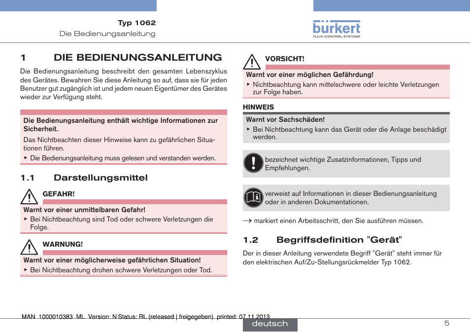 Die bedienungsanleitung, Darstellungsmittel, Begriffsdefinition "gerät | 1die bedienungsanleitung | Burkert Type 1062 User Manual | Page 41 / 112