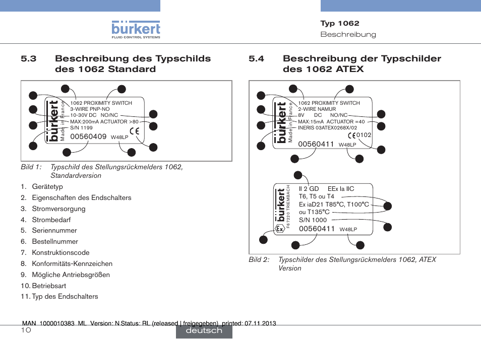 Beschreibung des typschilds des 1062 standard, Beschreibung der typschilder des 1062 atex | Burkert Type 1062 User Manual | Page 46 / 112