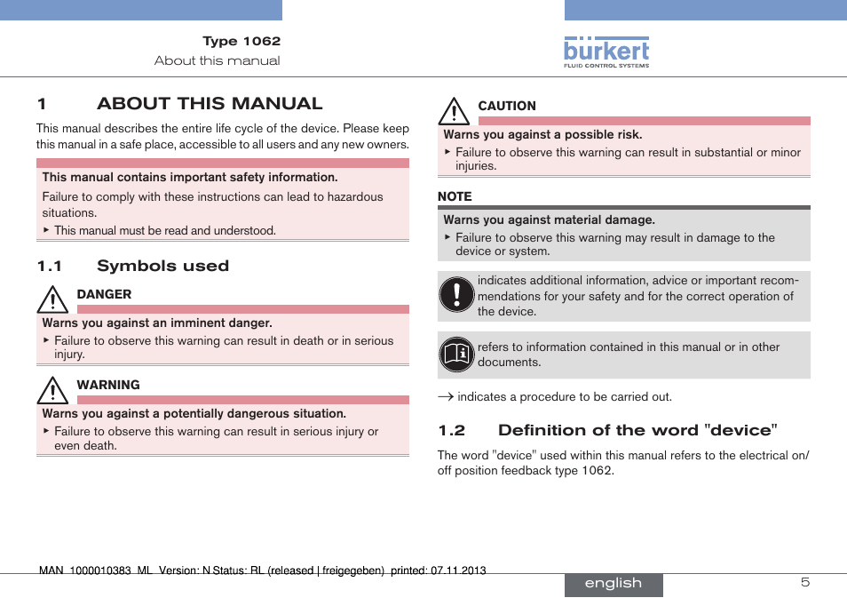 About this manual, Symbols used, Definition of the word "device | 1about this manual | Burkert Type 1062 User Manual | Page 5 / 112