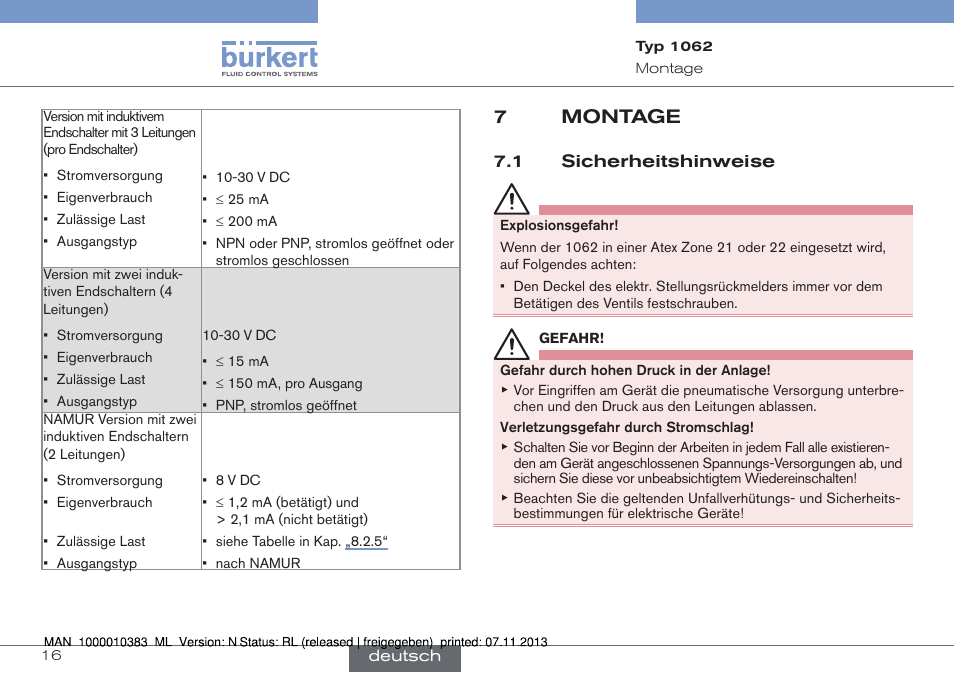 Montage, Sicherheitshinweise, 7montage | Burkert Type 1062 User Manual | Page 52 / 112