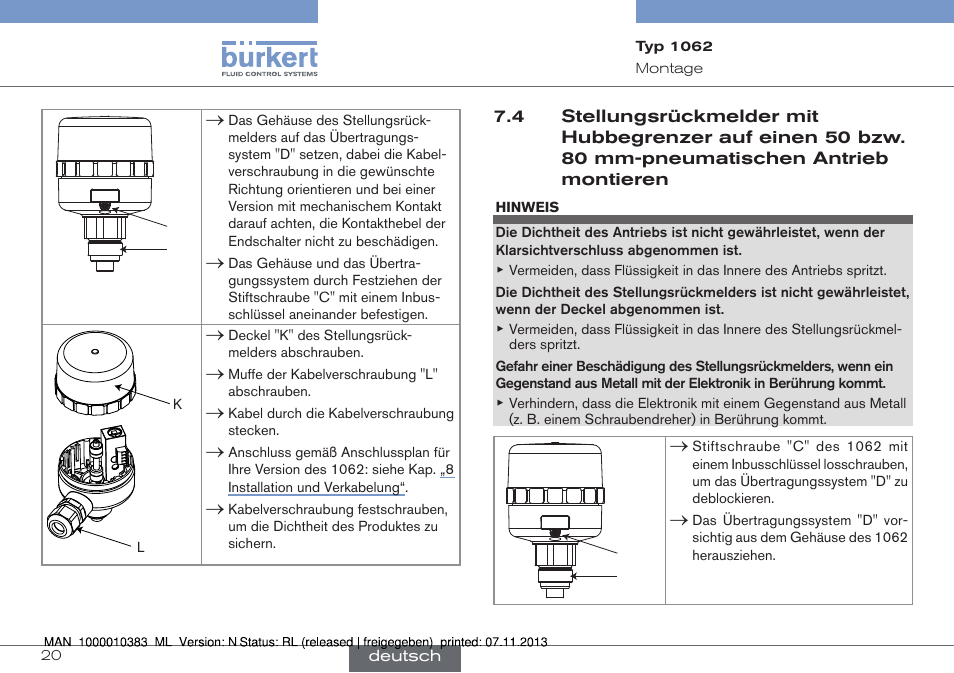 Stellungsrückmelder mit hubbegrenzer auf, Einen 50 bzw. 80 mm-pneumatischen antrieb, Montieren | Burkert Type 1062 User Manual | Page 56 / 112