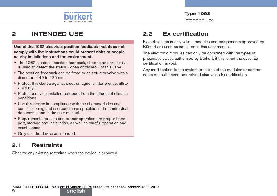 Intended use, Restraints, Ex certification | 2intended use | Burkert Type 1062 User Manual | Page 6 / 112