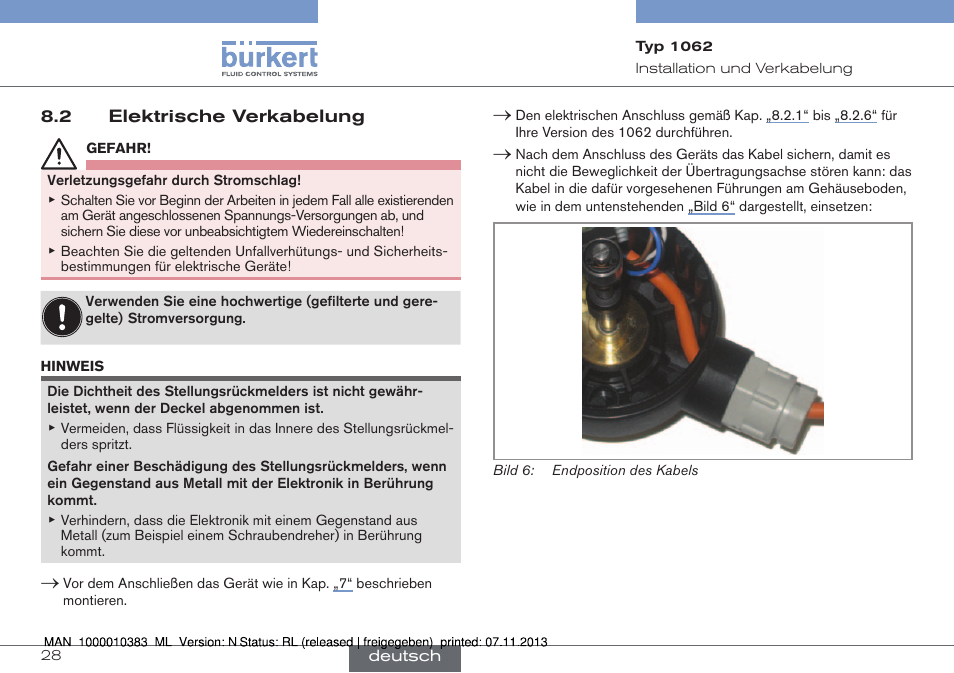 Elektrische verkabelung | Burkert Type 1062 User Manual | Page 64 / 112