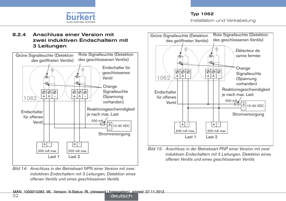 Anschluss einer version mit zwei induktiven ends, Chaltern mit 3 leitungen | Burkert Type 1062 User Manual | Page 68 / 112