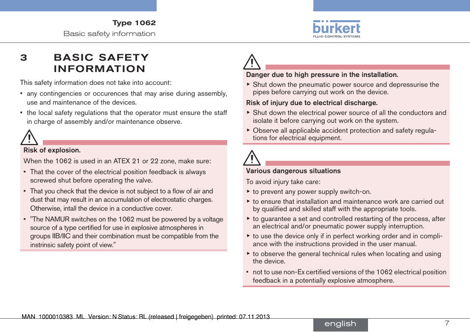 Basic safety information, 3basic safety information | Burkert Type 1062 User Manual | Page 7 / 112