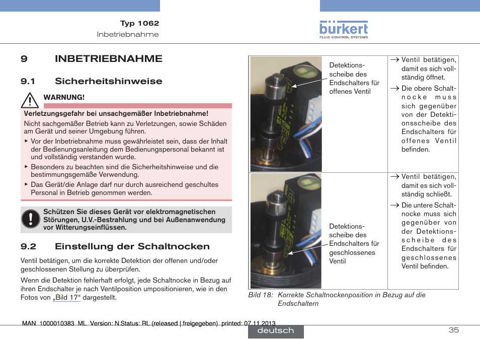 Inbetriebnahme, Sicherheitshinweise, Einstellung der schaltnocken | 9inbetriebnahme | Burkert Type 1062 User Manual | Page 71 / 112