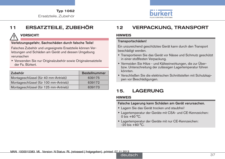 Ersatzteile, zubehör, Verpackung, transport, Lagerung | 11 ersatzteile, zubehör, 12 verpackung, transport | Burkert Type 1062 User Manual | Page 73 / 112