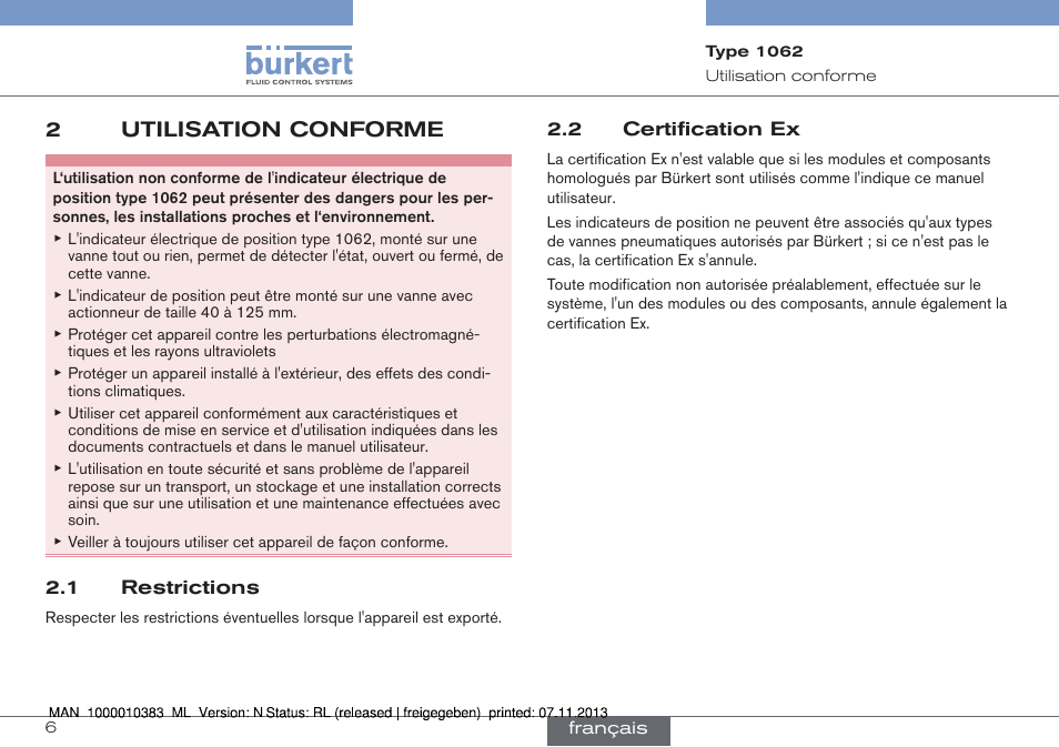 Utilisation conforme, Restrictions, Certification ex | 2utilisation conforme | Burkert Type 1062 User Manual | Page 78 / 112