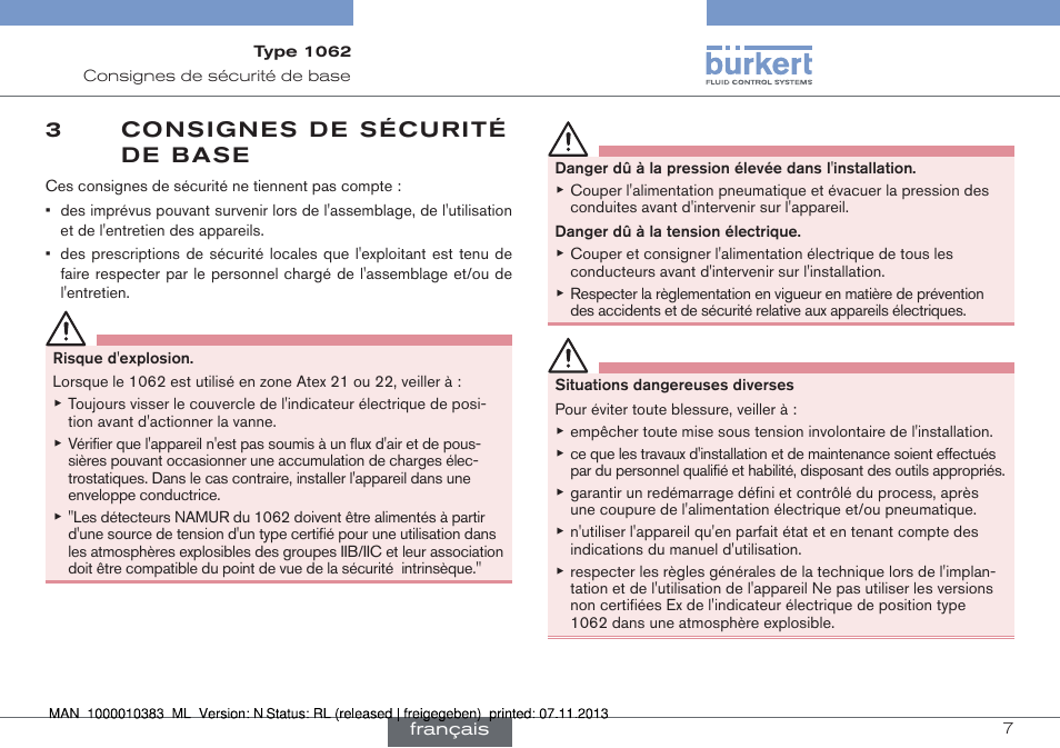 Consignes de sécurité de base, 3consignes de sécurité de base | Burkert Type 1062 User Manual | Page 79 / 112