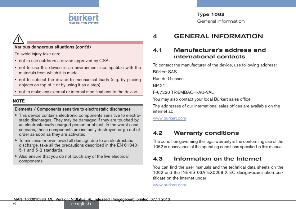 General information, Manufacturer's address and international contacts, Warranty conditions | Information on the internet, 4general information | Burkert Type 1062 User Manual | Page 8 / 112