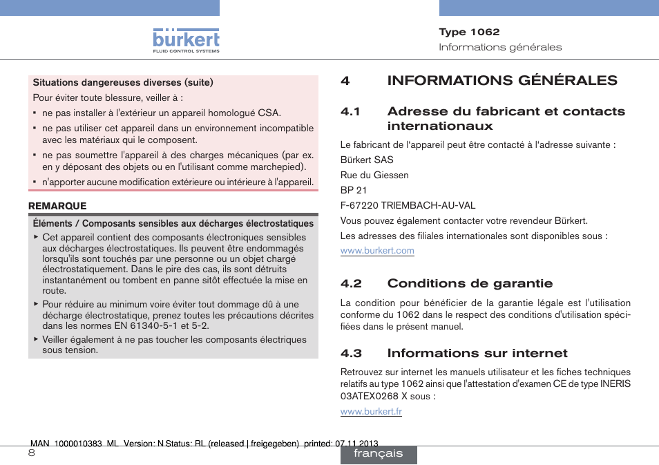 Informations générales, Adresse du fabricant et contacts internationaux, Conditions de garantie | Informations sur internet, 4informations générales | Burkert Type 1062 User Manual | Page 80 / 112