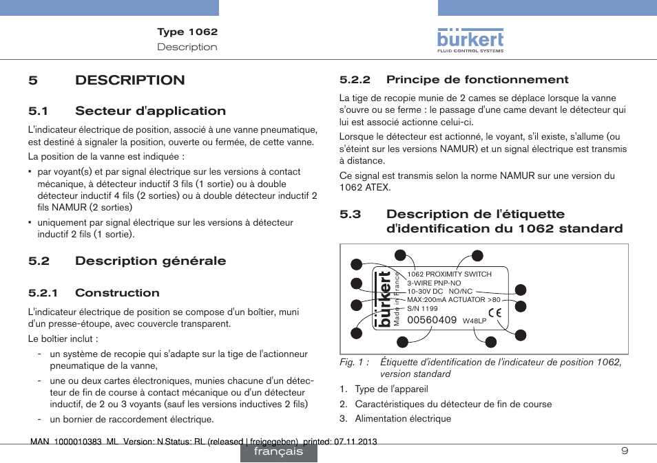 Description, Secteur d'application, Description générale | Construction, Principe de fonctionnement, Description de l'étiquette d'identification du, 1062 standard, 5description | Burkert Type 1062 User Manual | Page 81 / 112