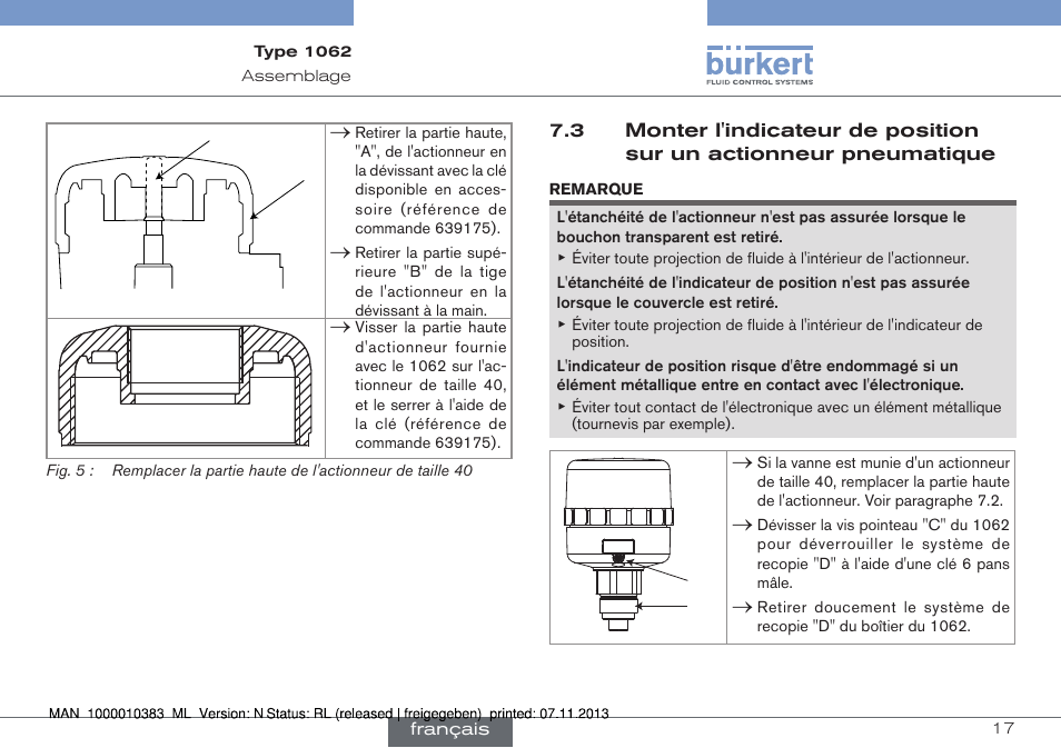 Monter l'indicateur de position sur un actionneur, Pneumatique | Burkert Type 1062 User Manual | Page 89 / 112