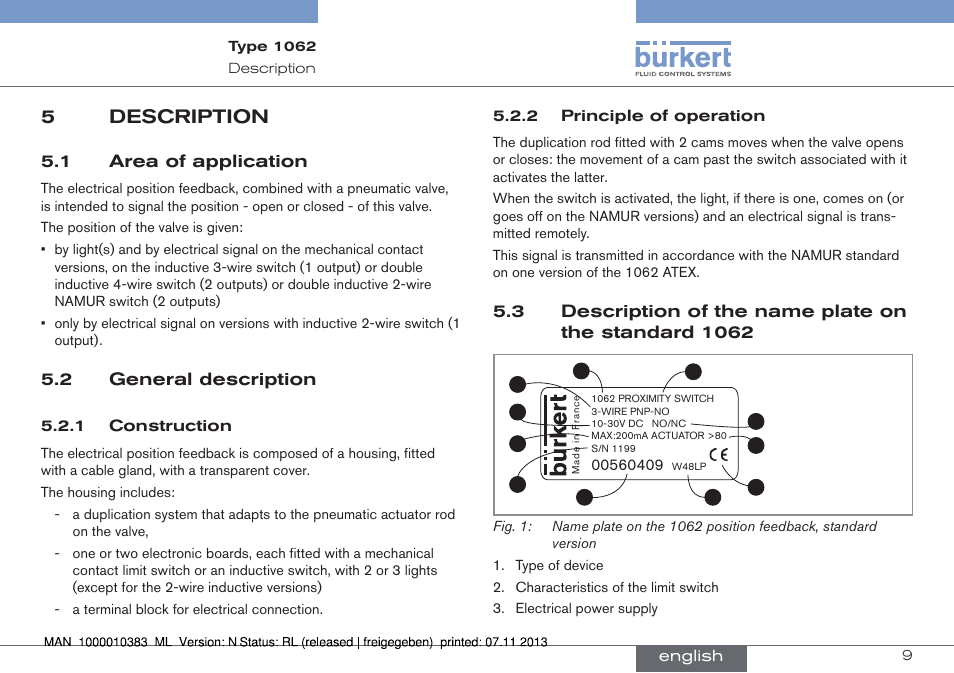 Description, Area of application, General description | Construction, Principle of operation, Description of the name plate on the standard 1062, 5description | Burkert Type 1062 User Manual | Page 9 / 112