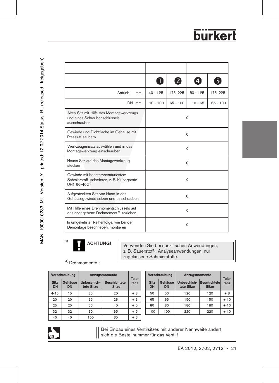 De utsc h, Ventilsitz austauschen, Hinweis | Burkert Type 2712 User Manual | Page 23 / 40