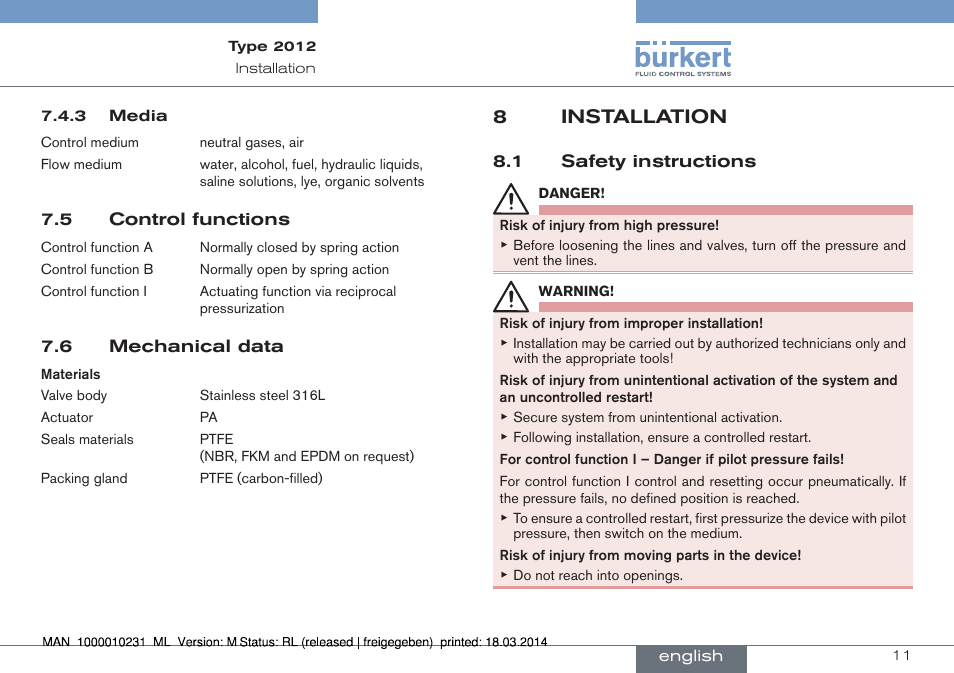 5 control functions 7.6 mechanical data, 8 installation, 1 safety instructions | 8installation | Burkert Type 2012 User Manual | Page 11 / 58