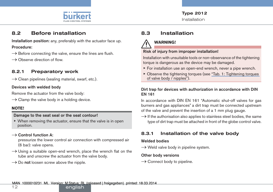 2 before installation 8.3 installation | Burkert Type 2012 User Manual | Page 12 / 58