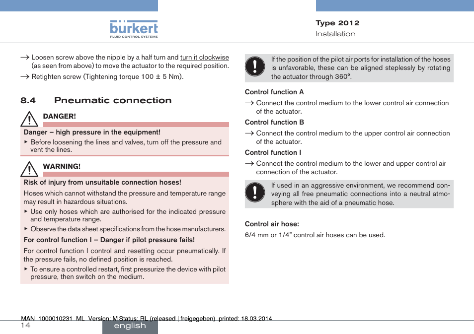 4 pneumatic connection | Burkert Type 2012 User Manual | Page 14 / 58