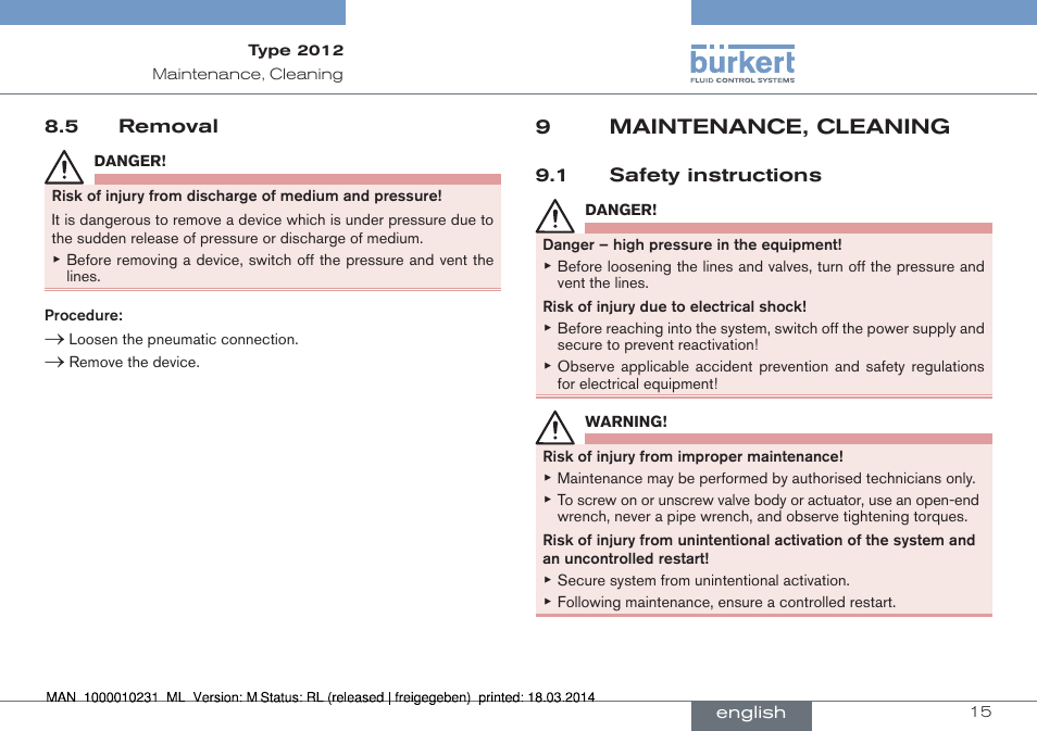 5 removal, 9 maintenance, cleaning, 1 safety instructions | 9maintenance, cleaning | Burkert Type 2012 User Manual | Page 15 / 58