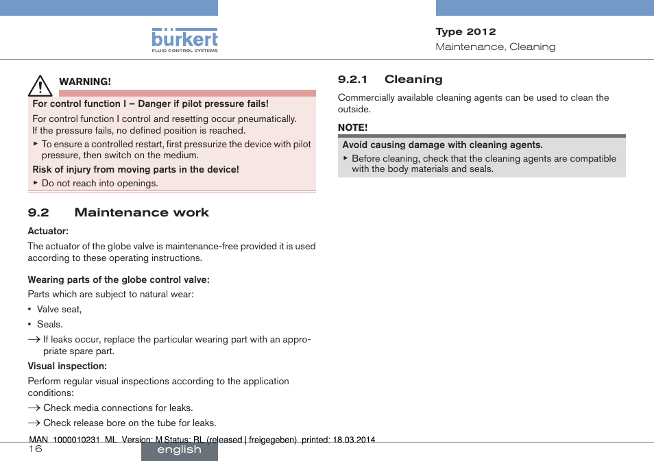 2 maintenance work | Burkert Type 2012 User Manual | Page 16 / 58