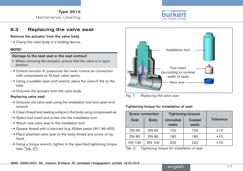 3 replacing the valve seat | Burkert Type 2012 User Manual | Page 17 / 58