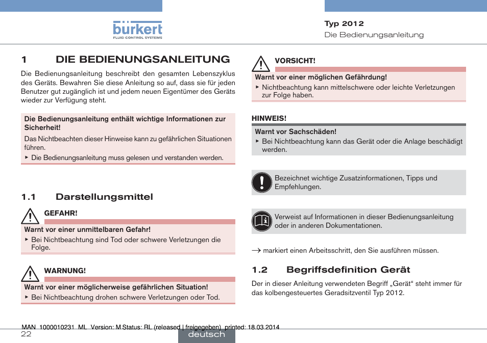 1 die bedienungsanleitung, 1 darstellungsmittel 1.2 begriffsdefinition gerät, 1die bedienungsanleitung | Burkert Type 2012 User Manual | Page 22 / 58