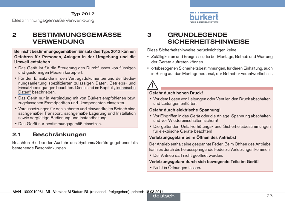 2 bestimmungsgemässe verwendung, 1 beschränkungen, 3 grundlegende sicherheitshinweise | 2bestimmungsgemässe verwendung, 3grundlegende sicherheitshinweise | Burkert Type 2012 User Manual | Page 23 / 58