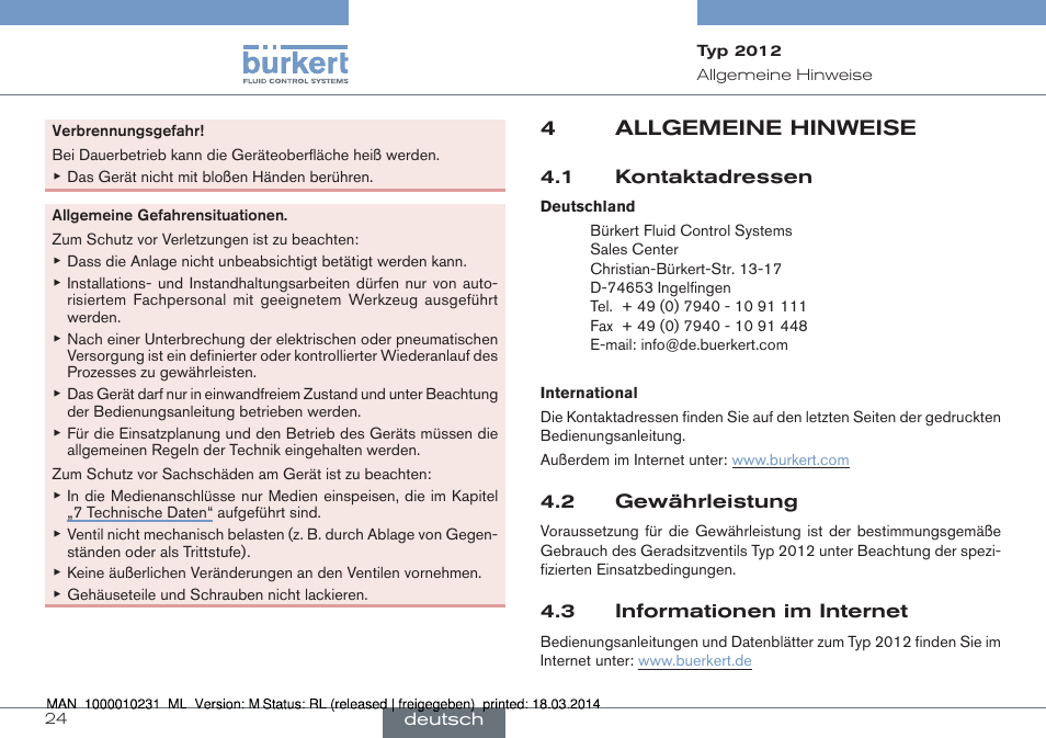 4 allgemeine hinweise, 4allgemeine hinweise | Burkert Type 2012 User Manual | Page 24 / 58