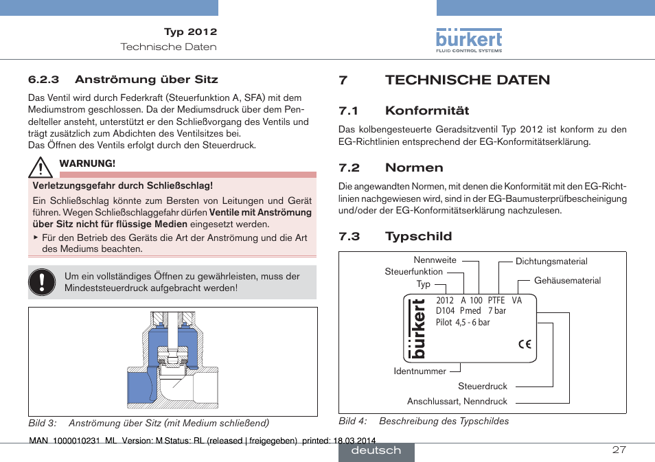 7 technische daten, 1 konformität 7.2 normen 7.3 typschild, 7technische daten | Burkert Type 2012 User Manual | Page 27 / 58