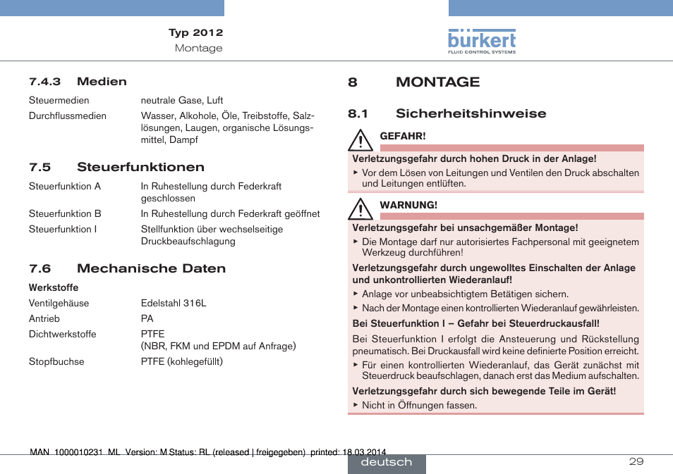 5 steuerfunktionen 7.6 mechanische daten, 8 montage, 1 sicherheitshinweise | 8montage | Burkert Type 2012 User Manual | Page 29 / 58