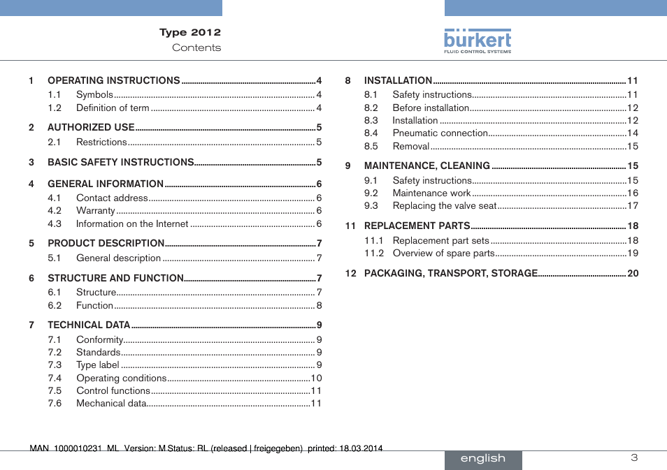 English | Burkert Type 2012 User Manual | Page 3 / 58