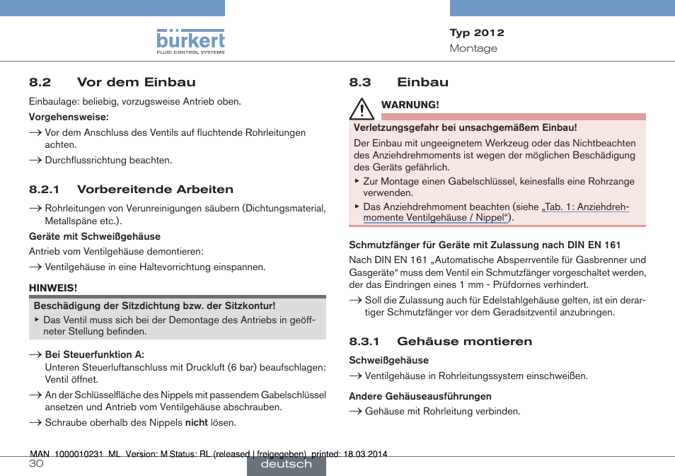 2 vor dem einbau 8.3 einbau | Burkert Type 2012 User Manual | Page 30 / 58