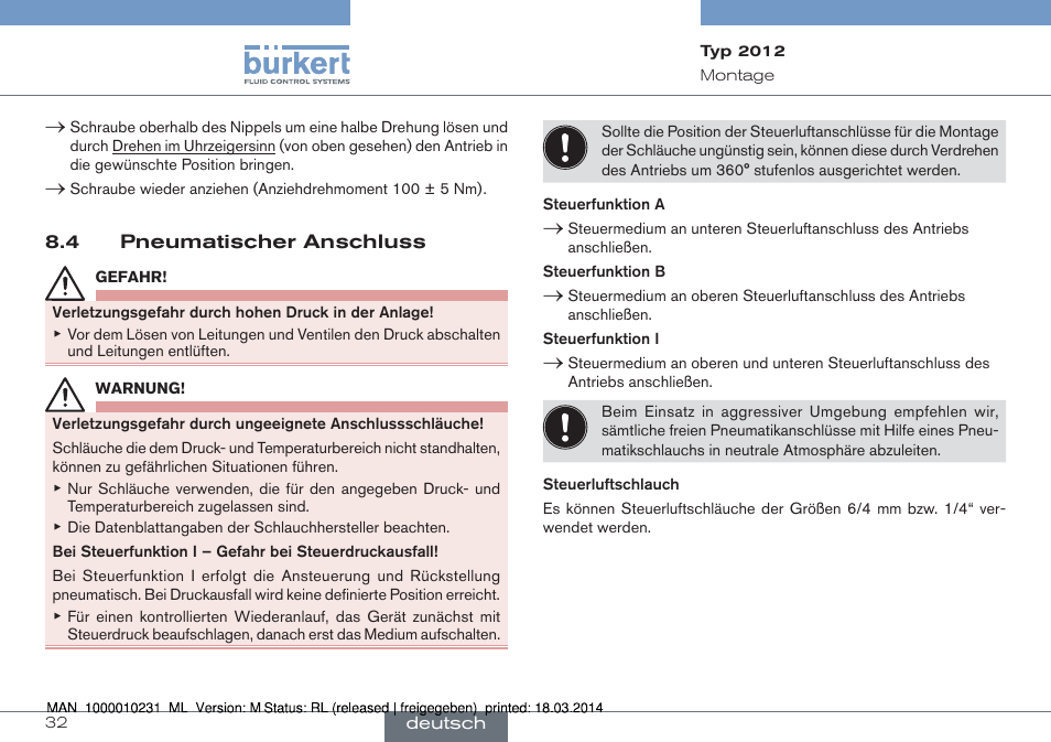 4 pneumatischer anschluss | Burkert Type 2012 User Manual | Page 32 / 58