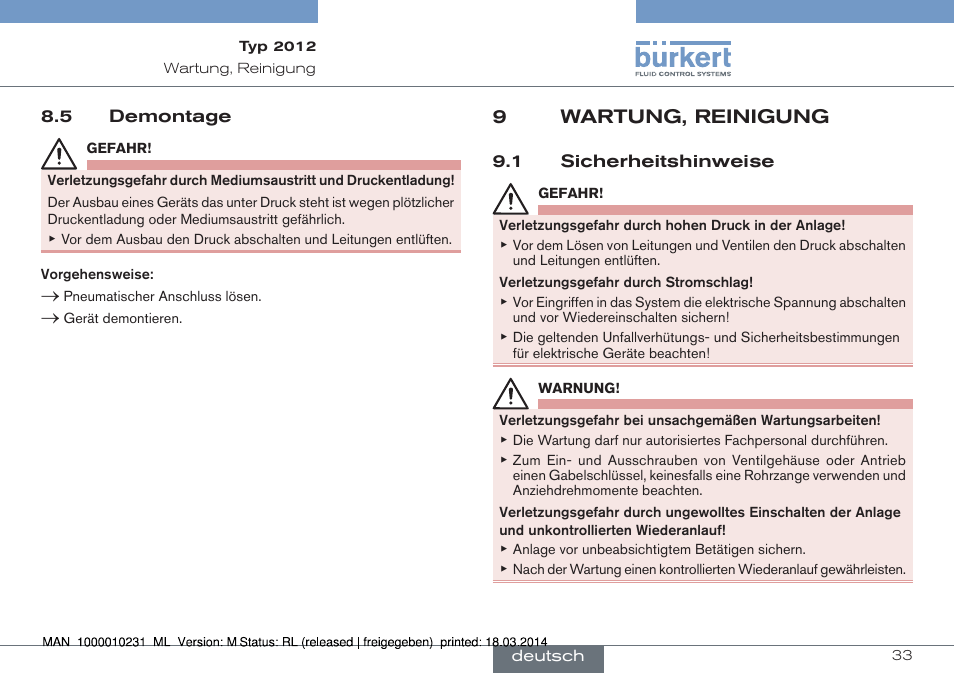 5 demontage, 9 wartung, reinigung, 1 sicherheitshinweise | 9wartung, reinigung | Burkert Type 2012 User Manual | Page 33 / 58