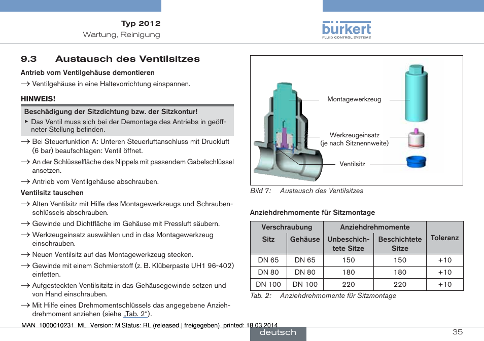 3 austausch des ventilsitzes | Burkert Type 2012 User Manual | Page 35 / 58