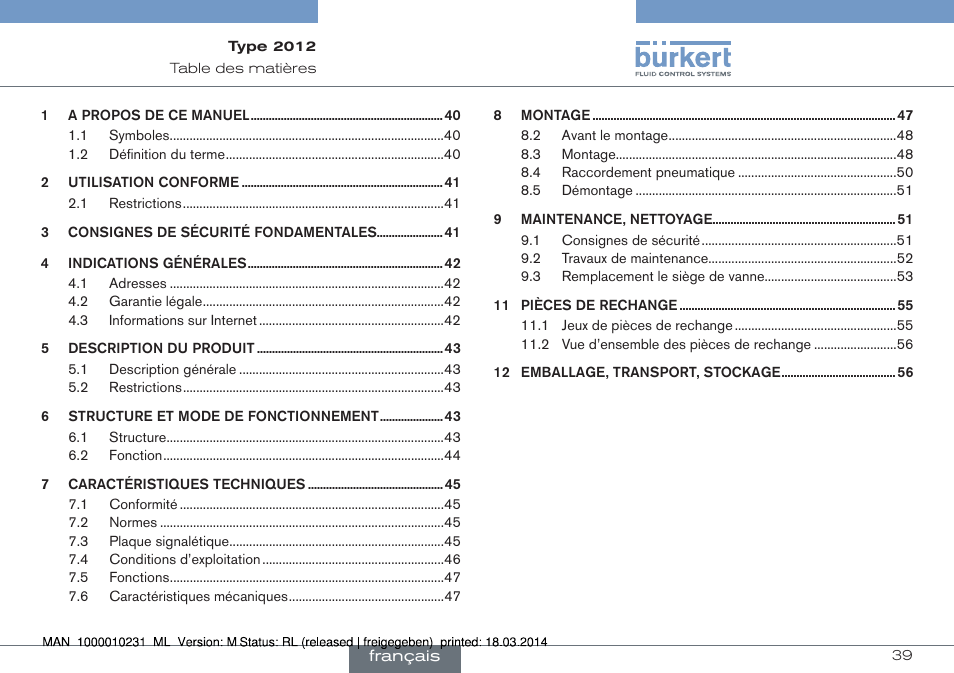 Français | Burkert Type 2012 User Manual | Page 39 / 58