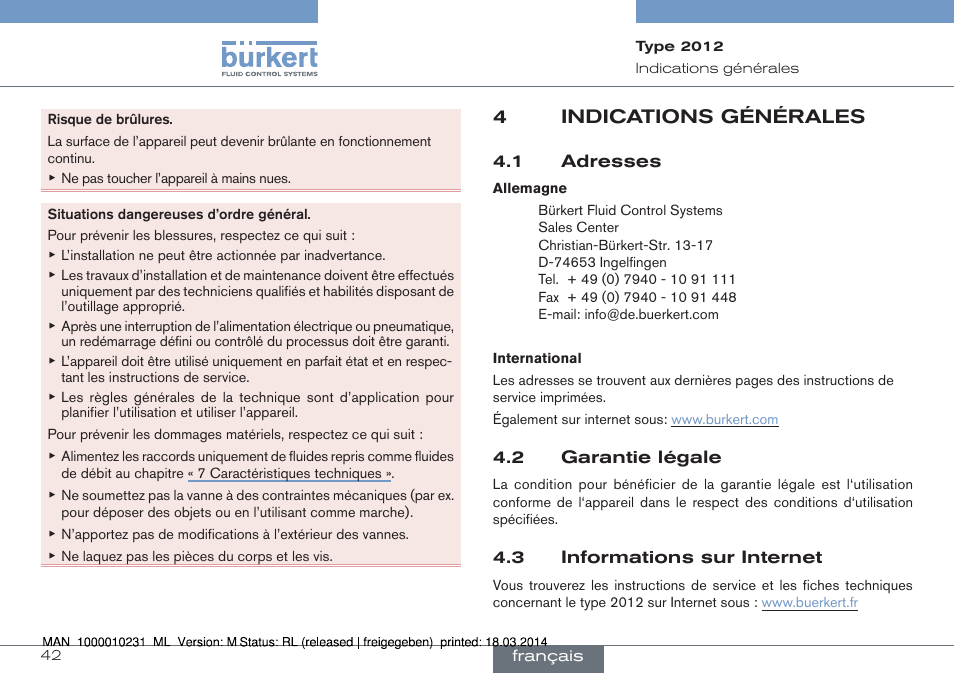 4 indications générales, 4indications générales | Burkert Type 2012 User Manual | Page 42 / 58