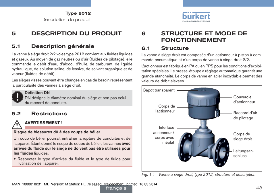 5 description du produit, 1 description générale 5.2 restrictions, 6 structure et mode de fonctionnement | 1 structure, 5description du produit, 6structure et mode de fonctionnement | Burkert Type 2012 User Manual | Page 43 / 58