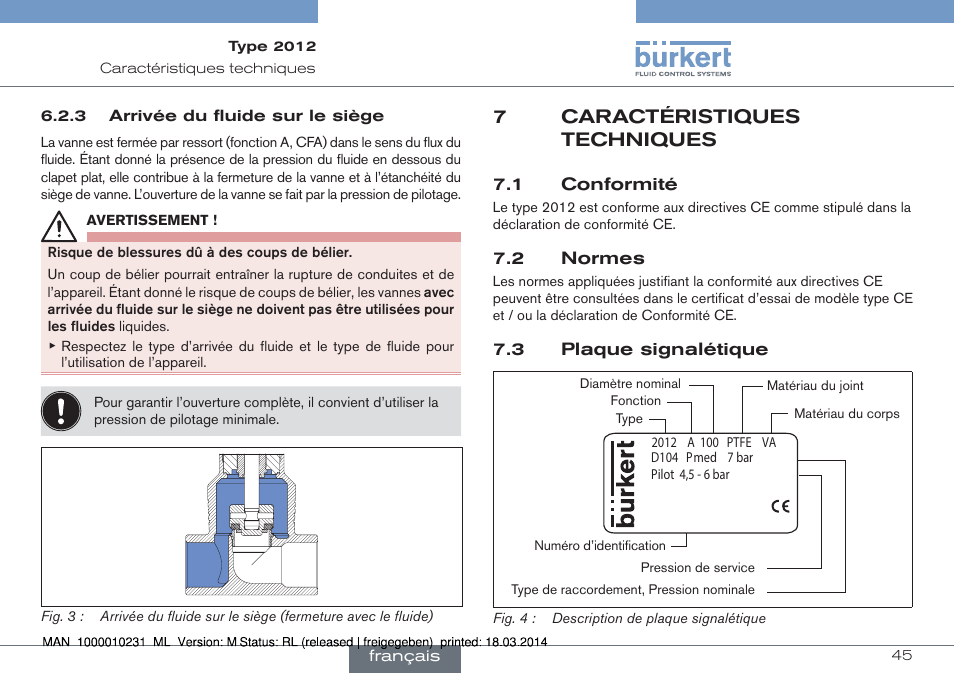 7 caractéristiques techniques, 1 conformité 7.2 normes 7.3 plaque signalétique, 7caractéristiques techniques | Burkert Type 2012 User Manual | Page 45 / 58