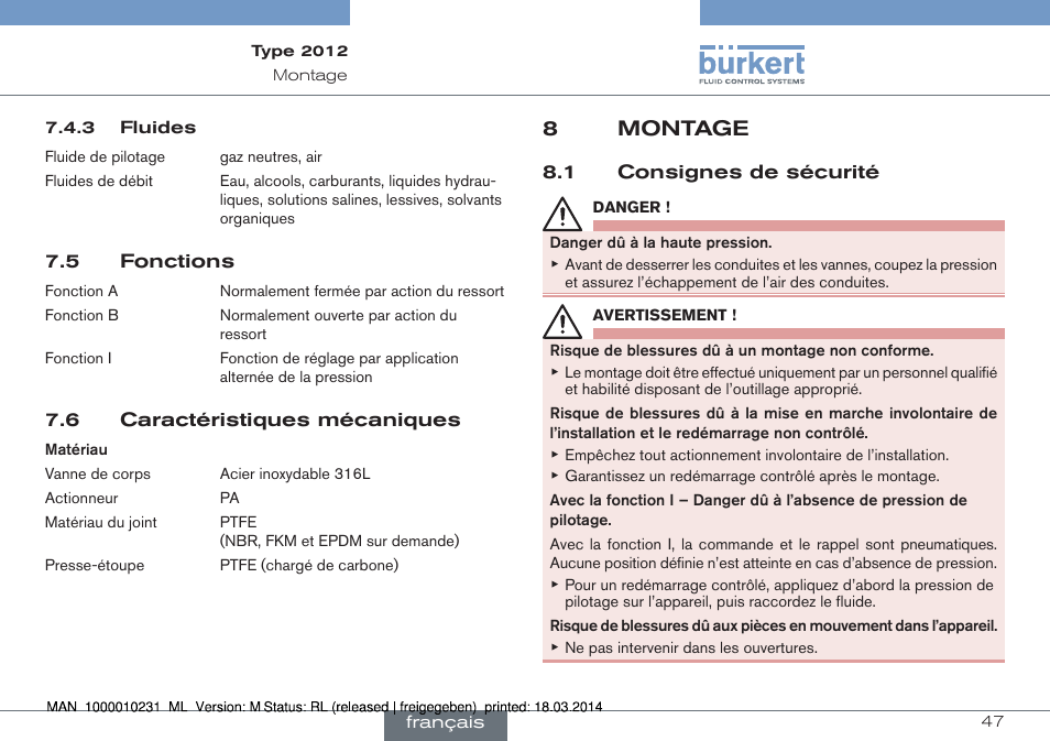 5 fonctions 7.6 caractéristiques mécaniques, 8 montage, 8montage | Burkert Type 2012 User Manual | Page 47 / 58