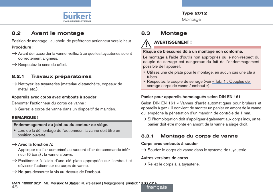 2 avant le montage 8.3 montage | Burkert Type 2012 User Manual | Page 48 / 58