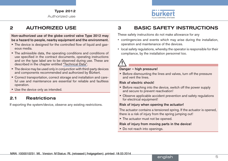 2 authorized use, 1 restrictions, 3 basic safety instructions | 2authorized use, 3basic safety instructions | Burkert Type 2012 User Manual | Page 5 / 58