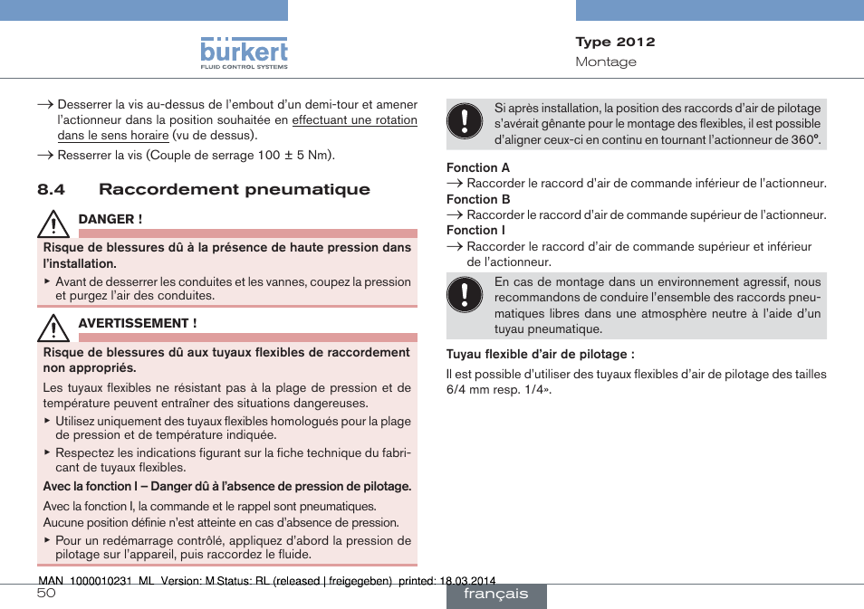 4 raccordement pneumatique | Burkert Type 2012 User Manual | Page 50 / 58