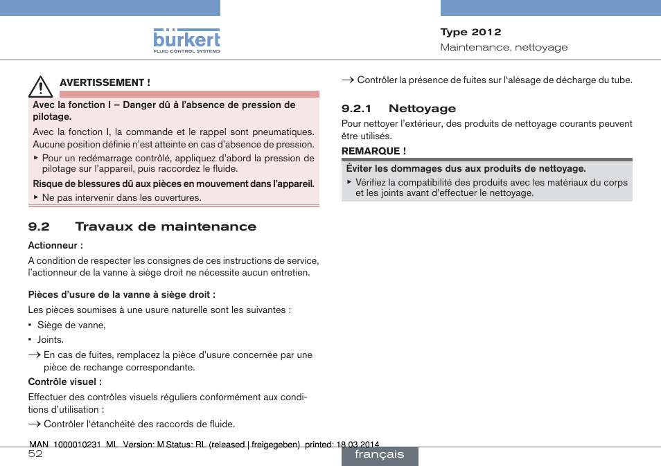 2 travaux de maintenance | Burkert Type 2012 User Manual | Page 52 / 58