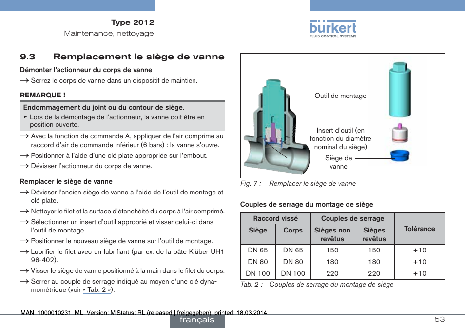 3 remplacement le siège de vanne | Burkert Type 2012 User Manual | Page 53 / 58